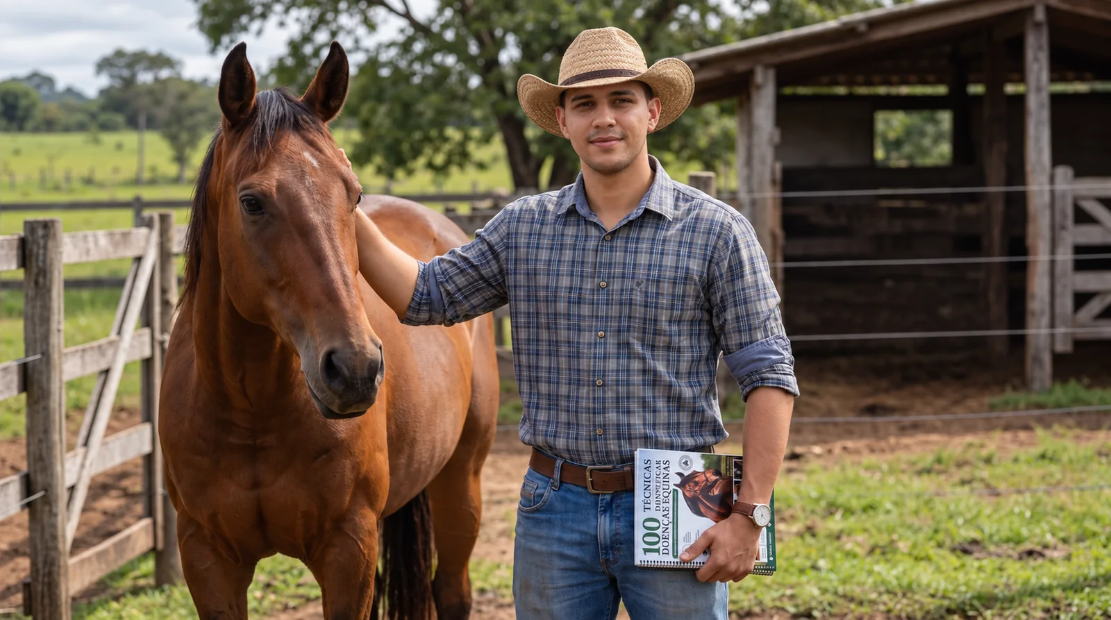 Homem de chapéu segurando o material +100 Técnicas para Identificar Doenças Equinas ao lado de um cavalo
